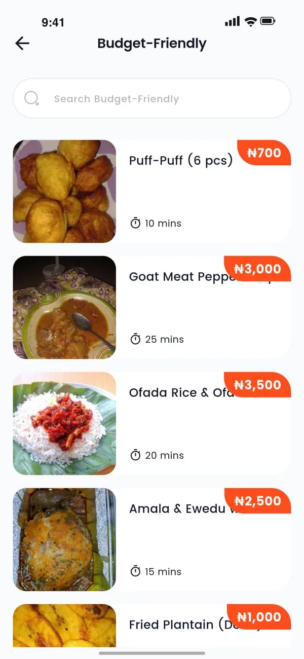 Budget-Friendly list in the QuickBite app with Puff-Puff at ₦700, Goat Meat Pepper Soup at ₦3,000 and Ofada Rice at ₦3,500