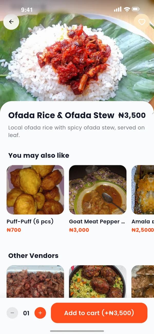 The QuickBite test build: Ofada Rice and Ofada Stew at ₦3,500 with an Add to cart button