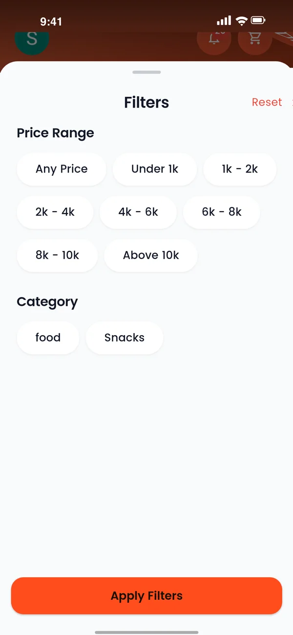 Filters sheet with price ranges from Under 1k to Above 10k