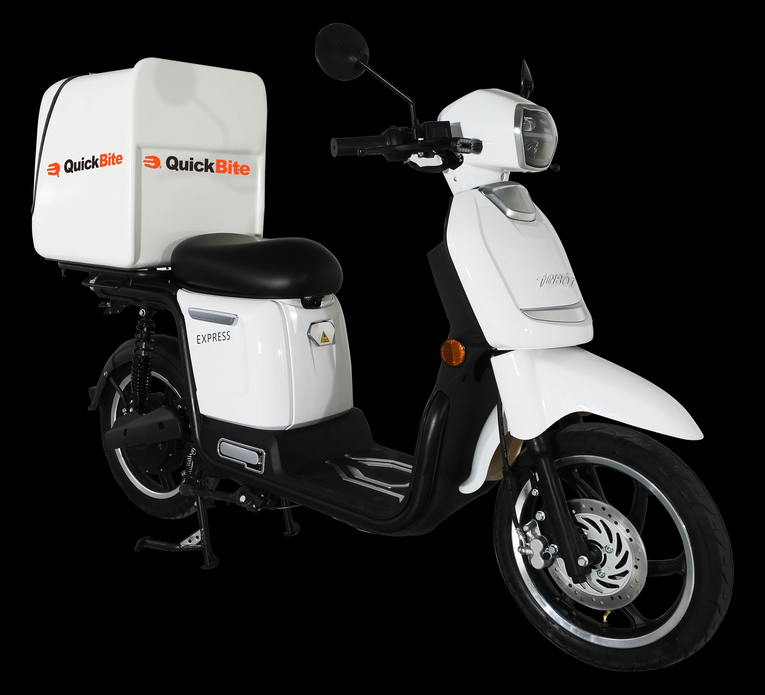 White delivery scooter facing right, with the orange QuickBite mark and dark and orange wordmark printed directly on its delivery box