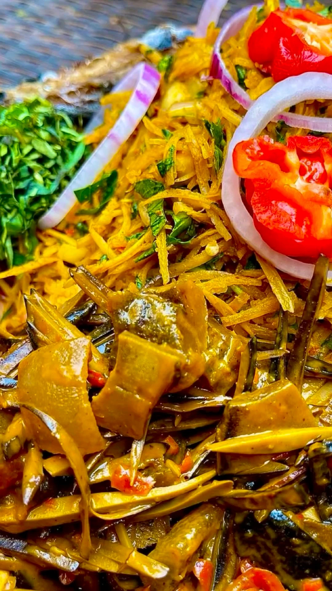 Abacha African salad with fish, vegetables and garden eggs