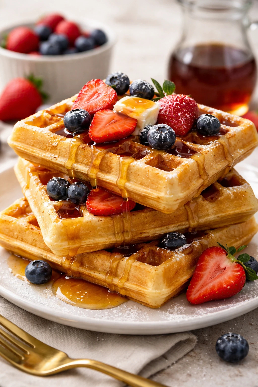 Golden waffles with strawberries, blueberries, butter and syrup