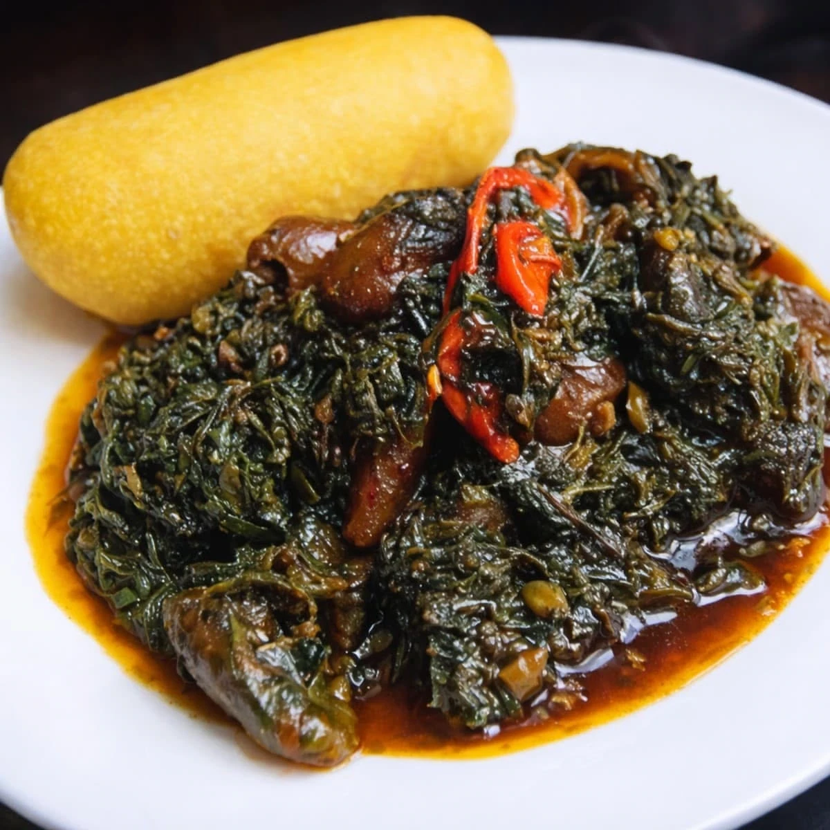 Golden eba with leafy vegetable soup and meat on a white plate